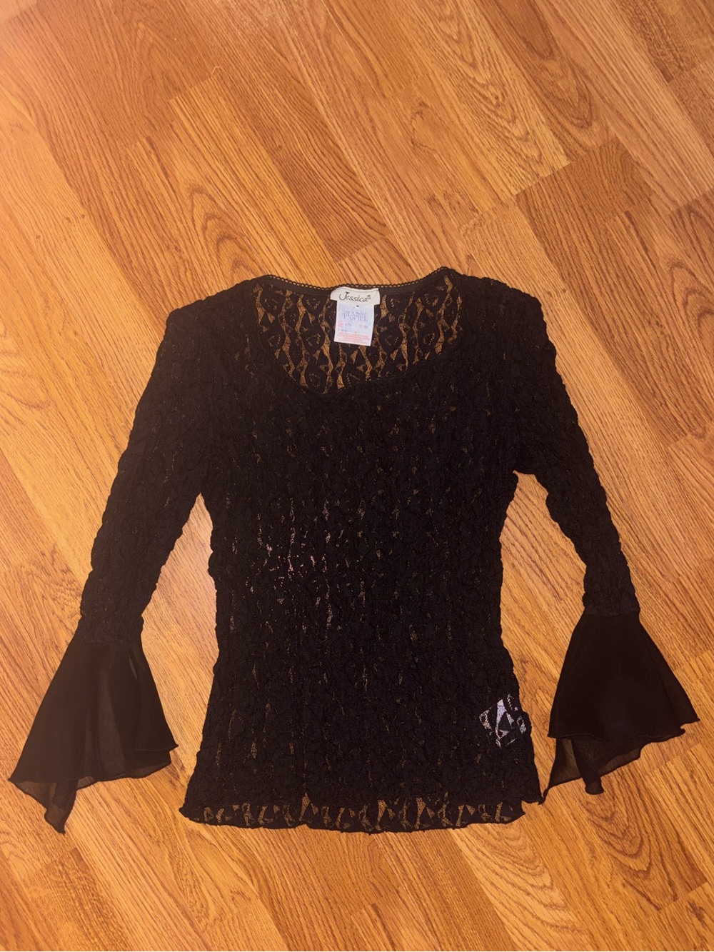 Jessica Black Lace Knit Blouse with Flounced Chiffon Cuffs